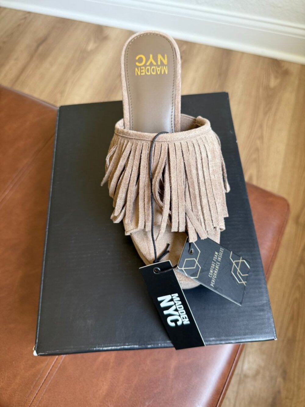 Madden NYC Fringe Mules Womens Taupe Suede Slide Sandals Heels Boho NWT Size 7